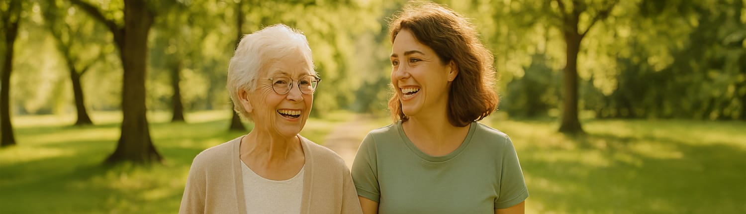 Ältere Dame und Betreuungskraft lachen gemeinsam beim Spaziergang im Park – Symbol für persönliche 24-Stunden-Betreuung zu Hause